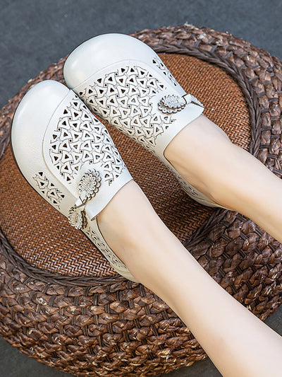 Women Summer Genuine Leather Hollow Out Low Heel Shoes