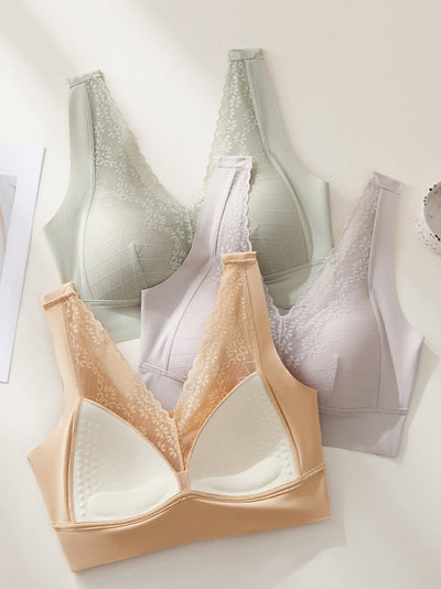 Women Artsy Pure Color Lace Satin Seamless Bra