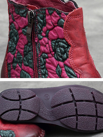 Women Retro Flower Leather Spliced Zipper Low Heel Boots