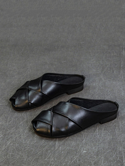 Women Summer Soft Leather Low Heel Weave Slippers