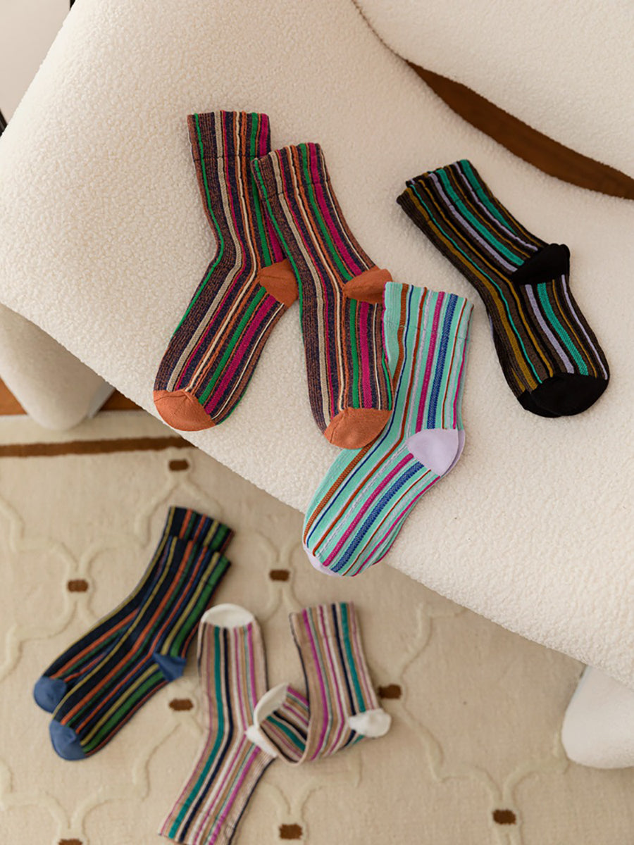 5 Pairs Stripe Adult Women Retro Autumn Winter Socks