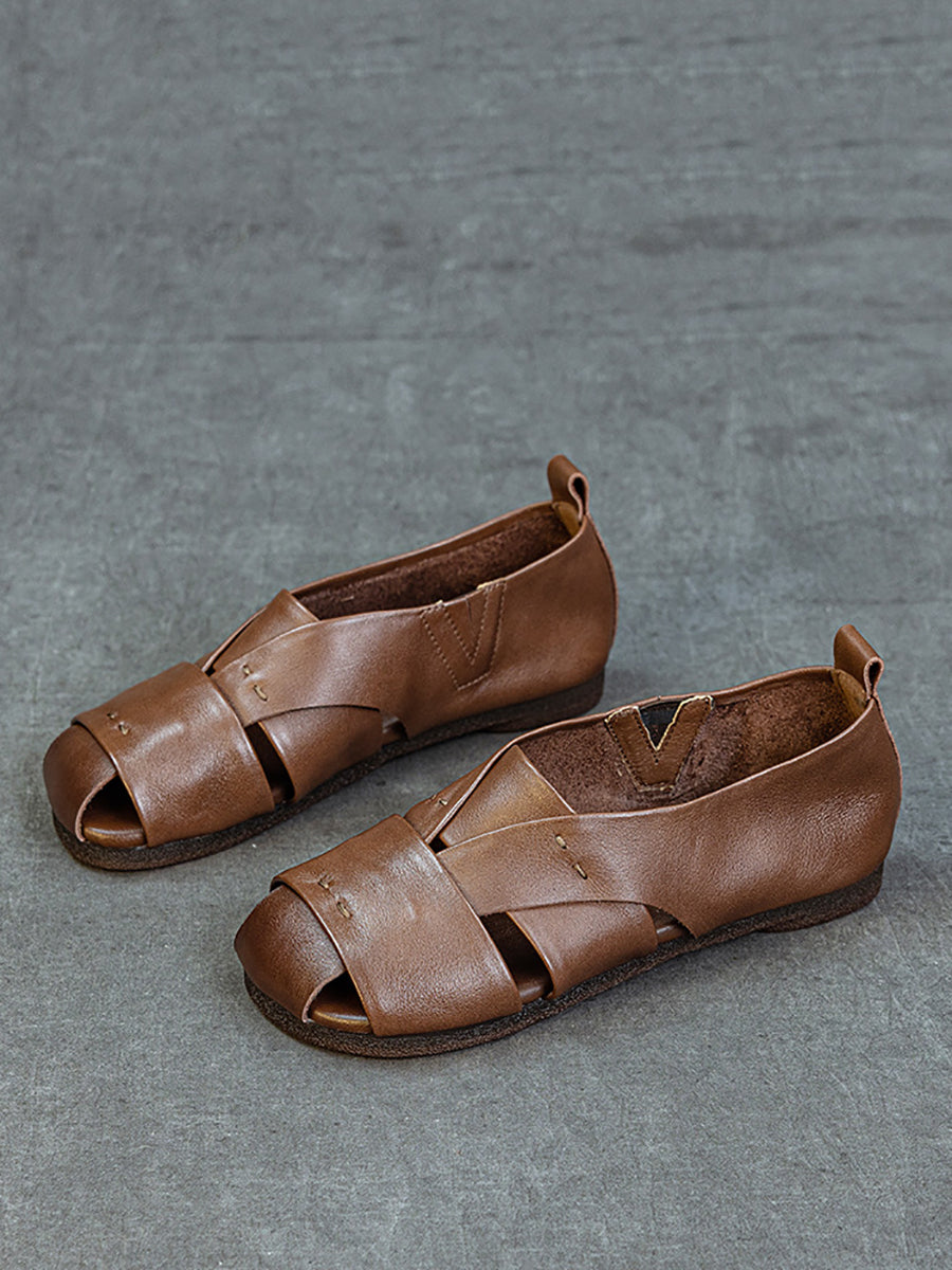Women Vintage Genuine Leather Flat Sandals
