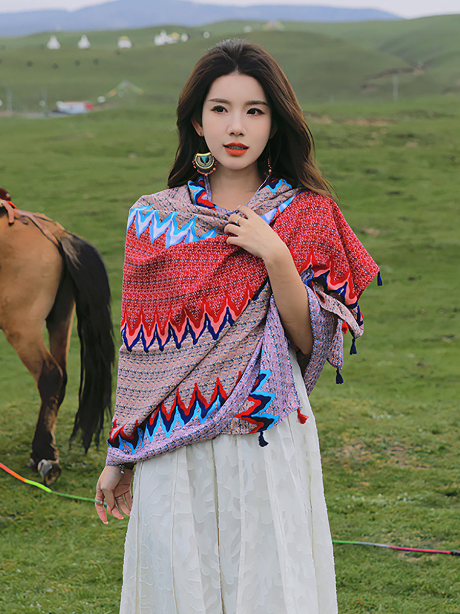 Women Ethnic Print Tassel Shawl Scarf