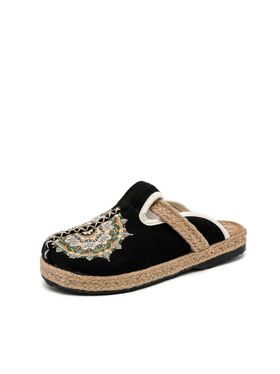Women Summer Flower Embroidery Linen Slippers