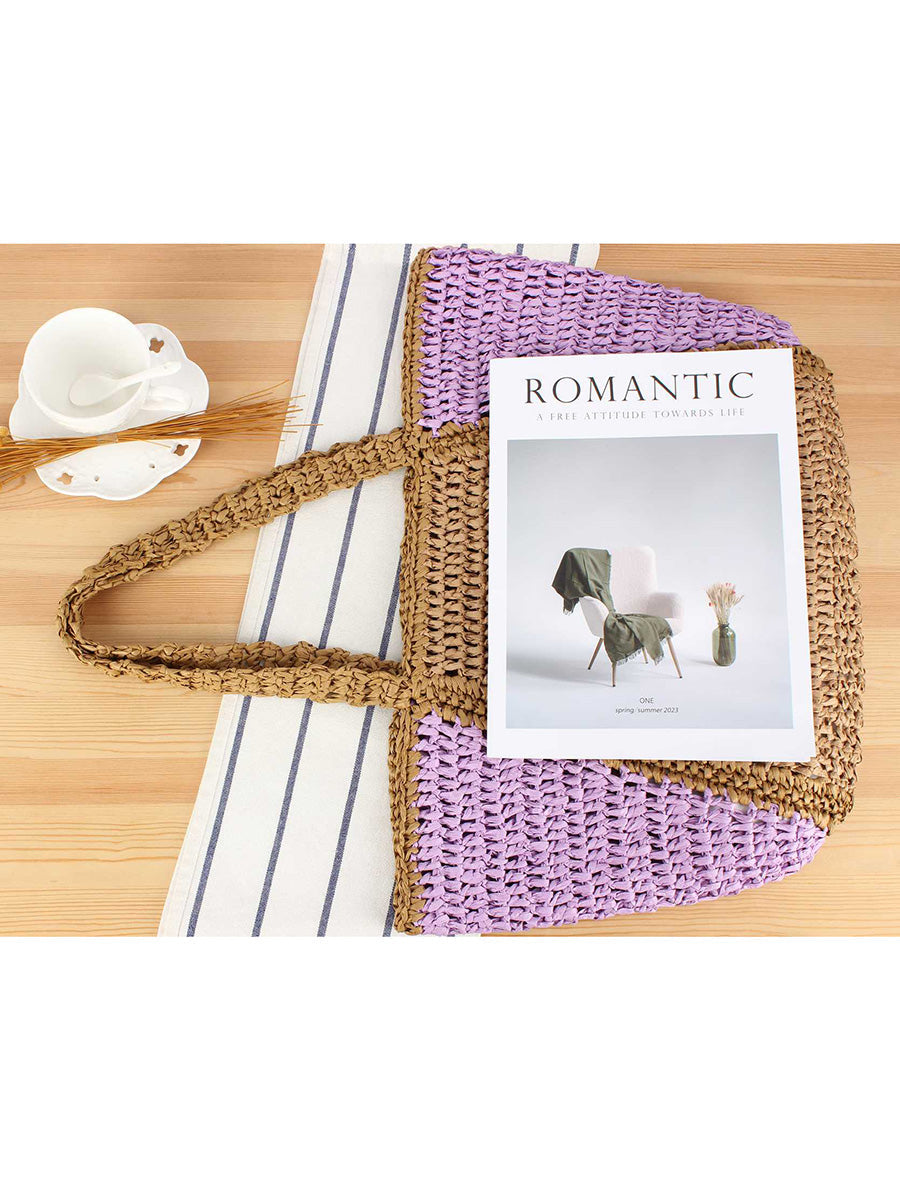 Women Casual Colorblock Straw Weave Shoulder Bag