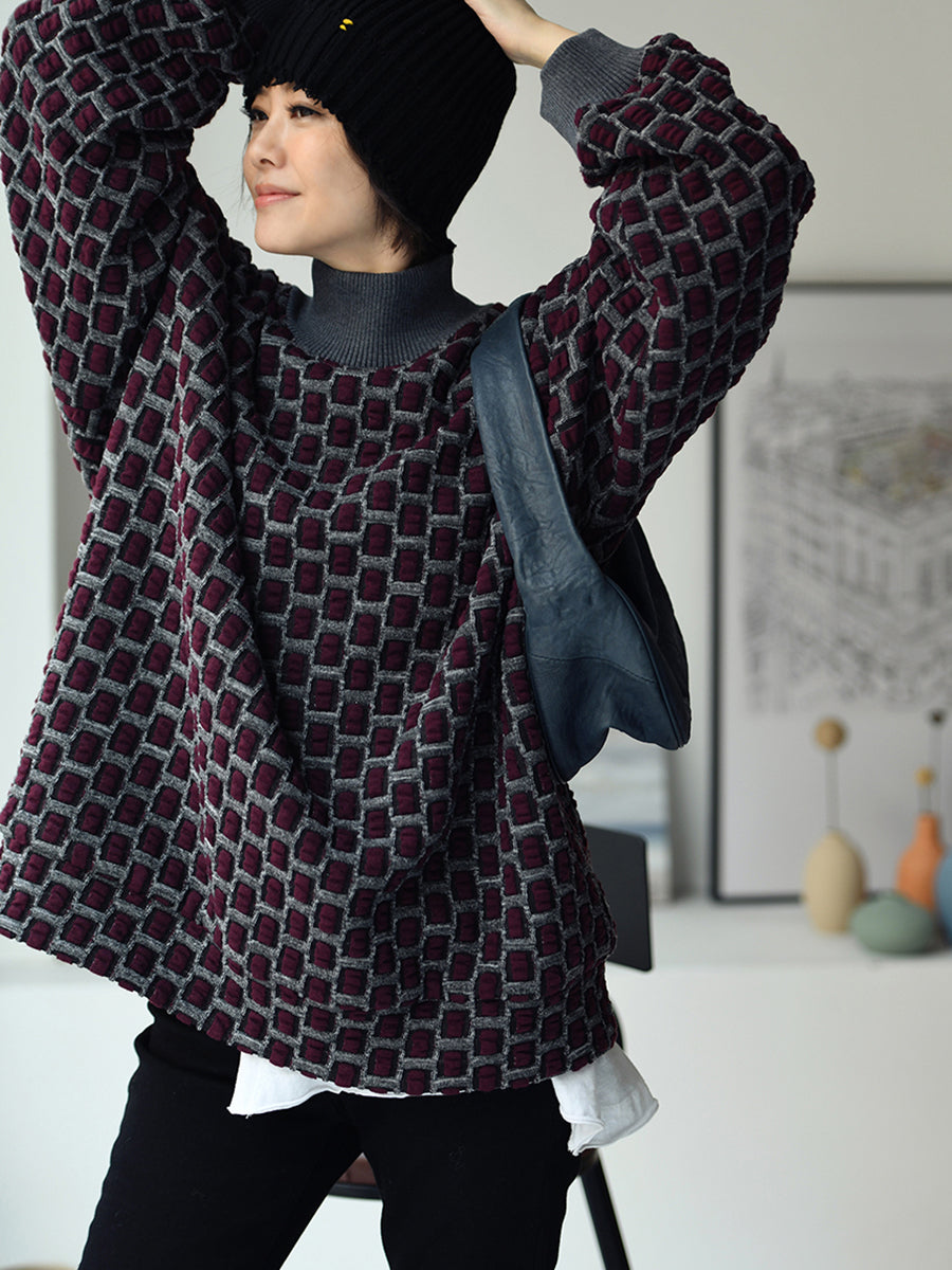 Women Artsy Plaid Fleece-lined Half-Turtleneck Blouse