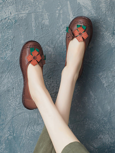 Women Spring Leather Flower Spliced Low Heel Shoes