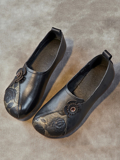 Women Retro Flower Leather Spliced Low Heel Shoes