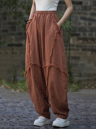 Women Summer Worn Raw-edge Ramie Harem Pants