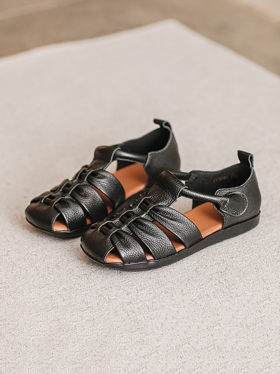 Women Genuine Leather Spliced Flat Sandals