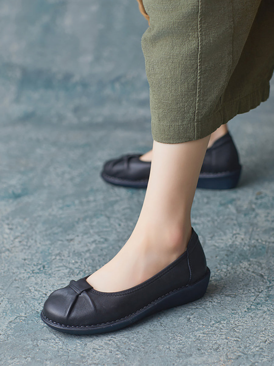 Women Ethnic Pure Color Genuine Leather Low Heel Shoes