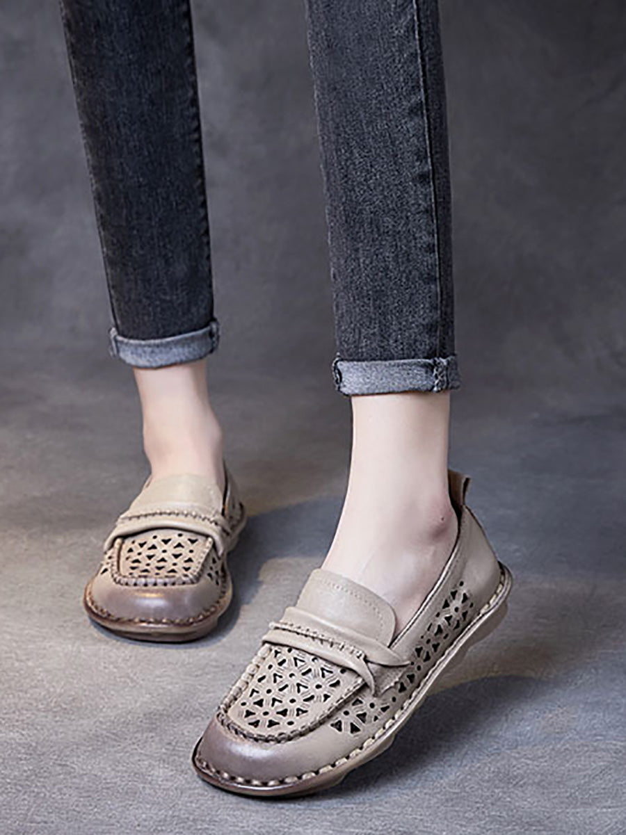 Women Summer Genuine Leather Stitching Low Heel Shoes