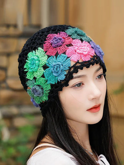 Women Artsy Colorful Flower Knit Hat