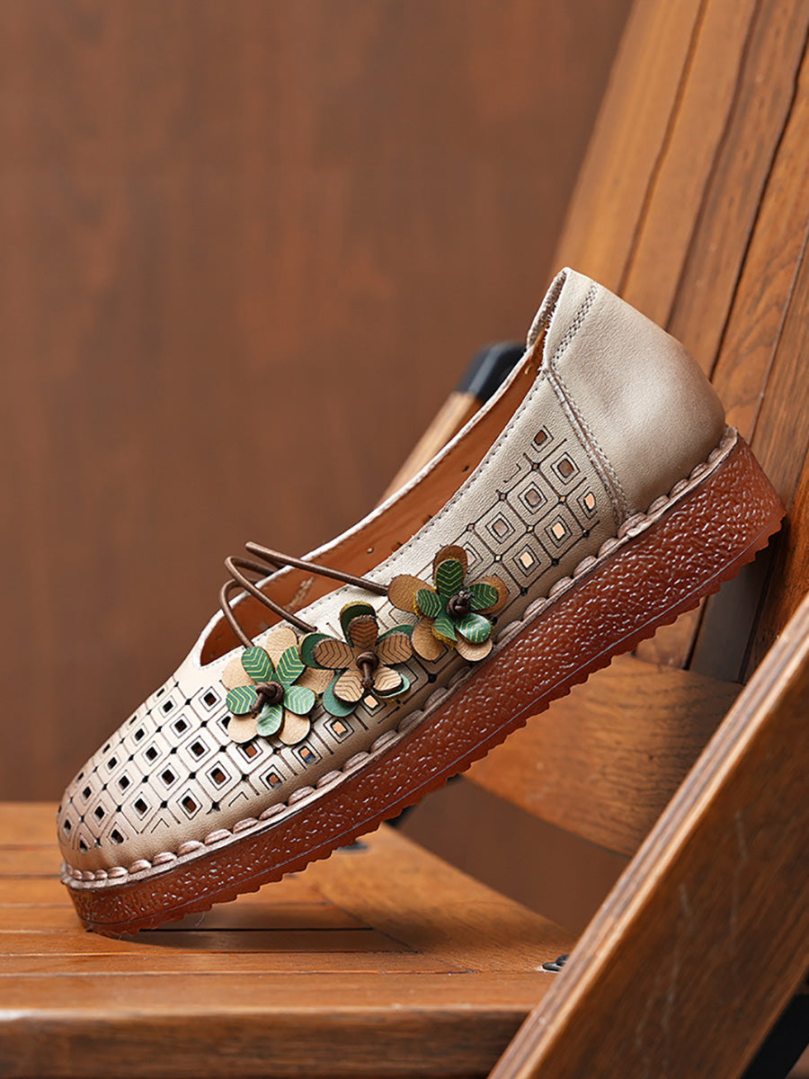 Women Summer Leather Flower Spliced Low Heel Shoes