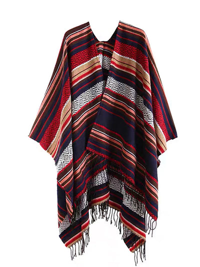 Women Ethnic Colorblock Stripe Tassel Shawl Scarf