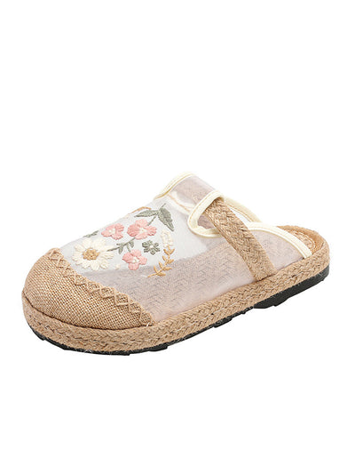 Women Summer Artsy Flower Embroidery Linen Slippers