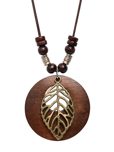 Vintage Alloy Leaf Wooden Pandent Necklace