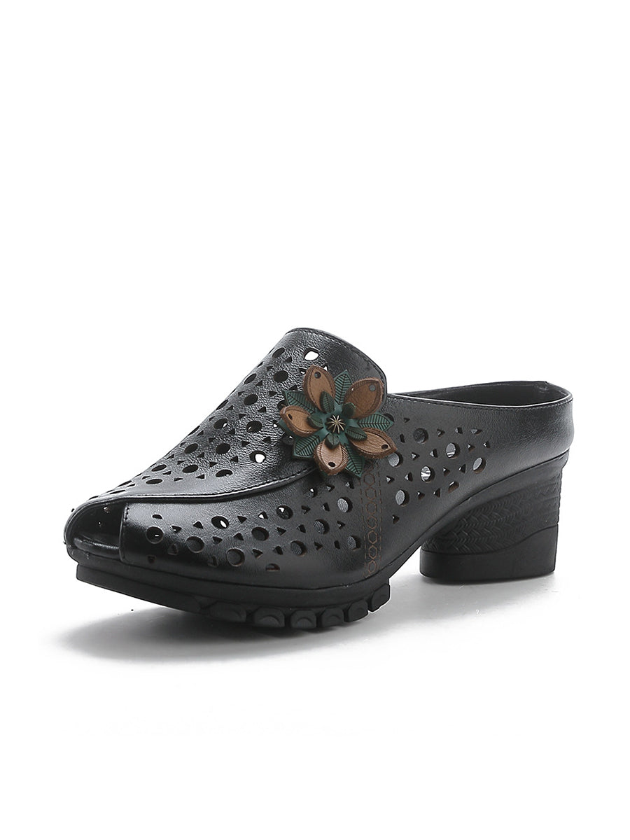 Women Summer Genuine Leather Flower Mid Heel Slippers