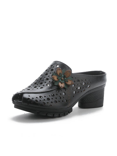 Women Summer Genuine Leather Flower Mid Heel Slippers