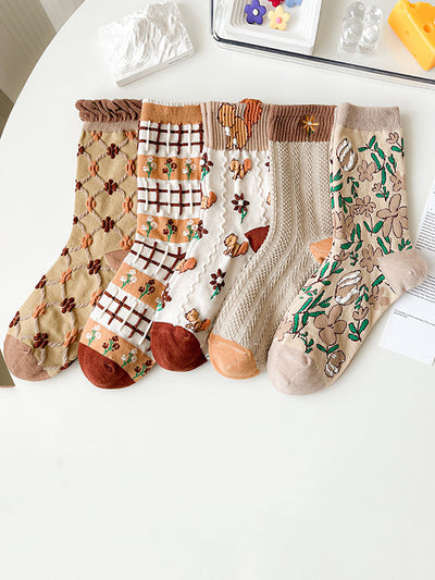 5 Pairs Wome Artsy Floral Jacquard Cotton Socks