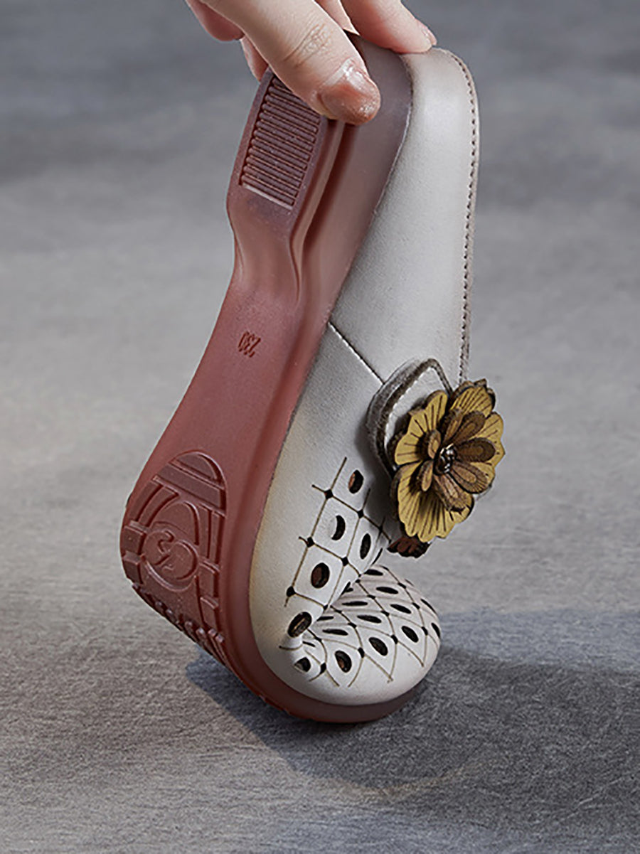 Women Casual Genuine Leather Flower Low Heel Slippers
