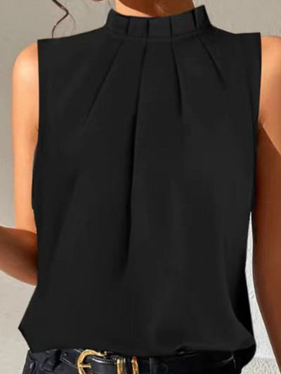 Loose Sleeveless Pleated Solid Color Split-Joint Stand Collar Vest Top