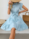 A-Line Loose Buttoned Pleated Polka-Dot Tied Waist Round-Neck Mini Dresses