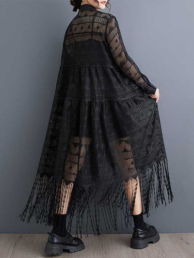 A-Line Long Sleeves Buttoned Printed See-Through Split-Joint Tasseled Lapel Midi Dresses