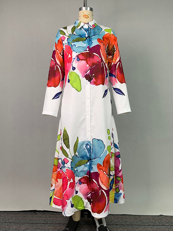 Long Sleeves Loose Buttoned Flower Print Lapel Maxi Dresses Shirt Dress