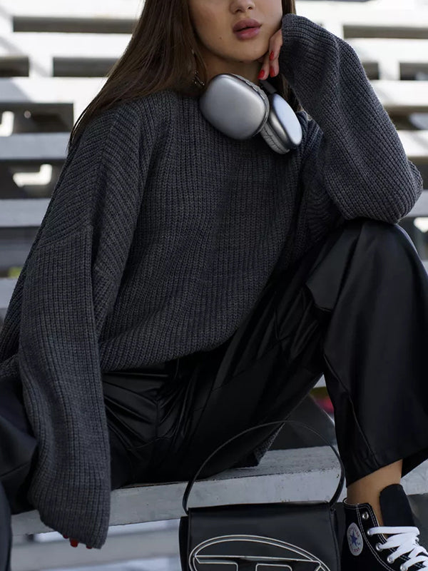 Long Sleeves Loose Solid Color Split-Joint Round-Neck Sweater Tops