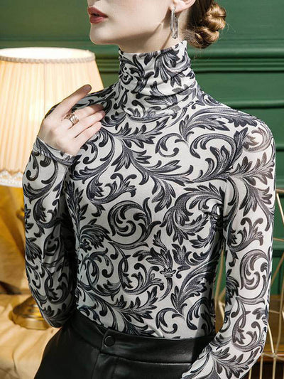 Long Sleeves Skinny Contrast Color Split-Joint High Neck T-Shirts Tops