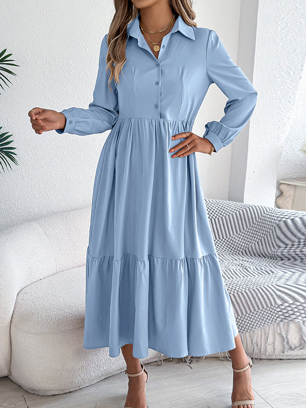 High Waisted Long Sleeves Pleated Ruffled Solid Color Lapel Midi Dresses Shirt Dress
