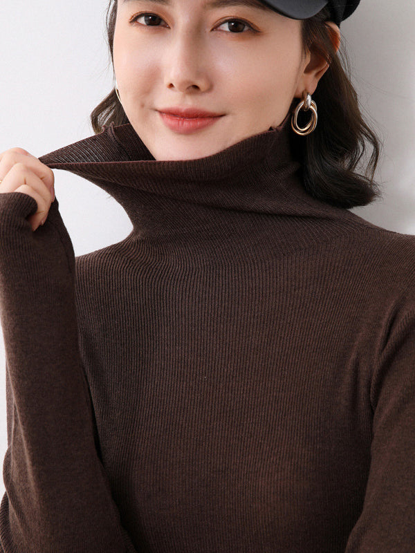 Simple Skinny Long Sleeves Solid Color High-Neck Sweater Tops Pullovers
