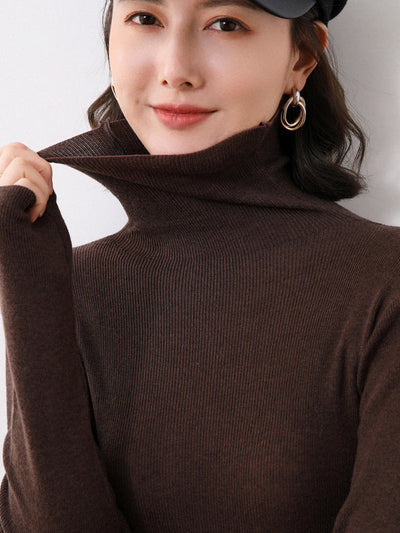 Simple Skinny Long Sleeves Solid Color High-Neck Sweater Tops Pullovers