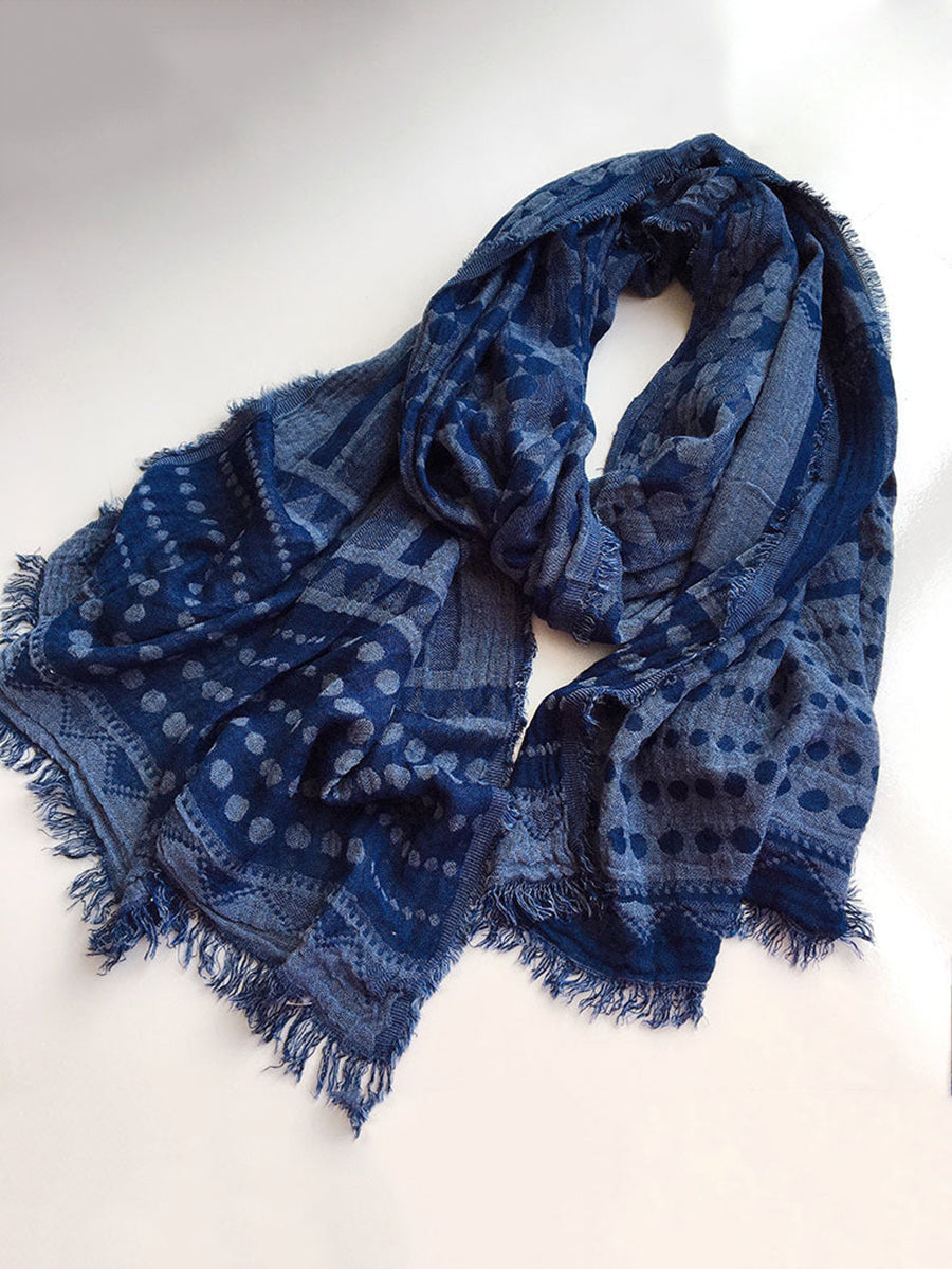 Women Retro Geometric Batik Blue Tassel Shawl Scarf