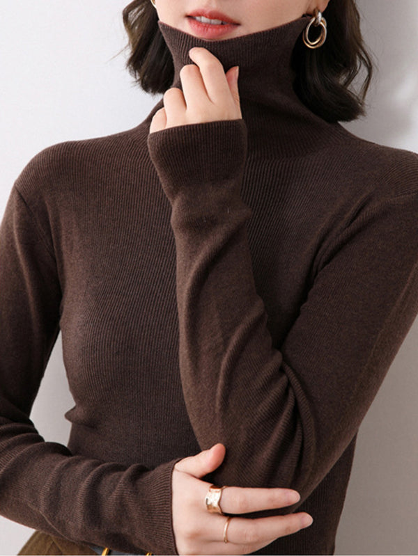 Simple Skinny Long Sleeves Solid Color High-Neck Sweater Tops Pullovers