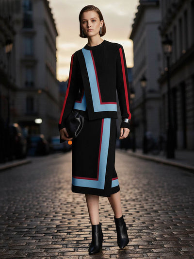 Irregularity Long Sleeves Abstract Printed Asymmetric Contrast Color Ribs Split-Joint Round-Neck Sweater Tops