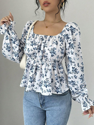 Elasticated Waist High Waisted Contrast Color Flower Print Pleated Ruffled Split-Joint Square-Neck Blouses&Shirts Tops
