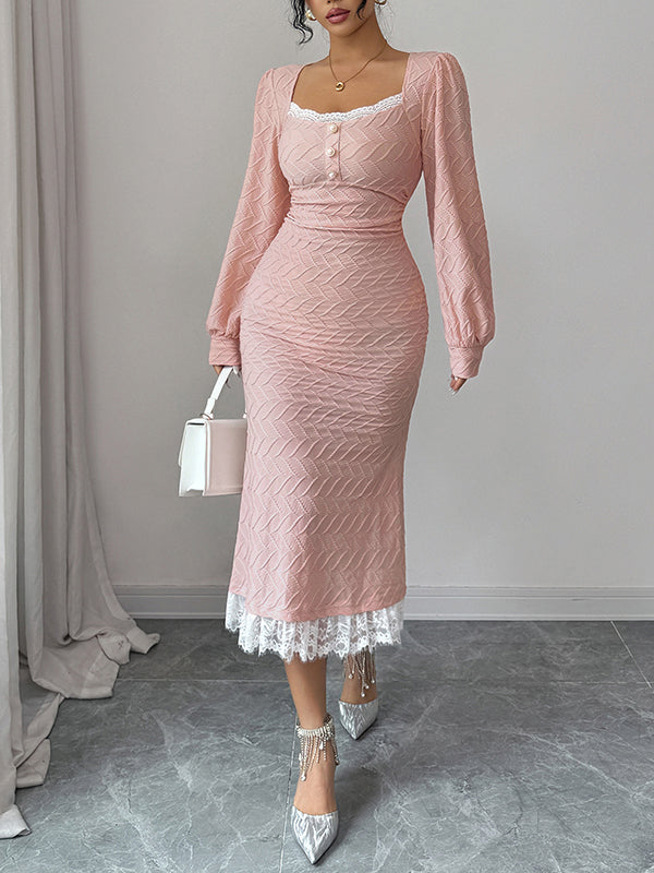 Bodycon High Waisted Lacy Pleated Solid Color Split-Joint Zipper Square-Neck Midi Dresses