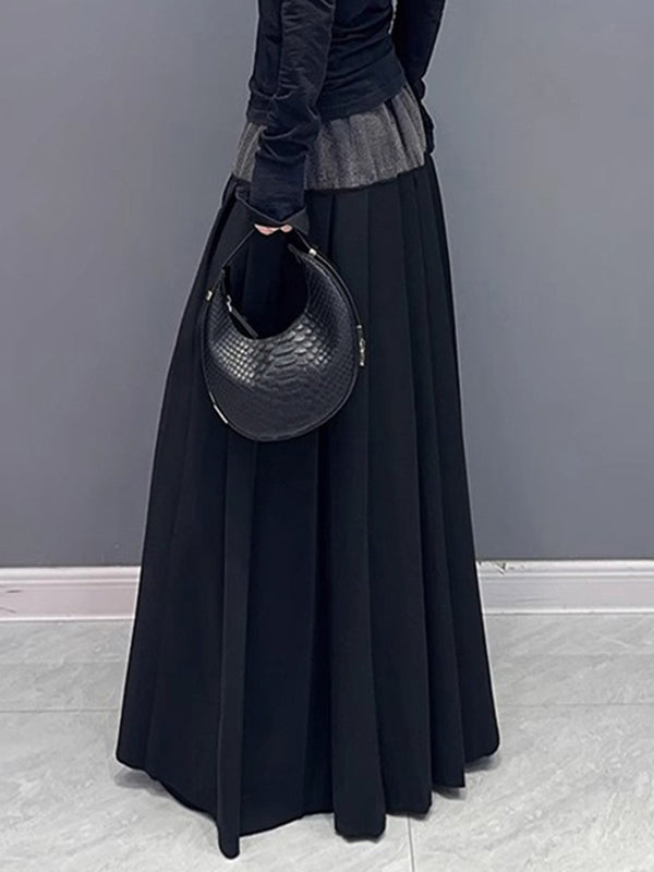 A-Line High Waisted Contrast Color Pleated Split-Joint Skirts Bottoms