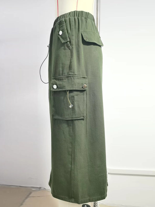 A-Line Buttoned Drawstring Pockets Solid Color Split-Joint Skirts Bottoms