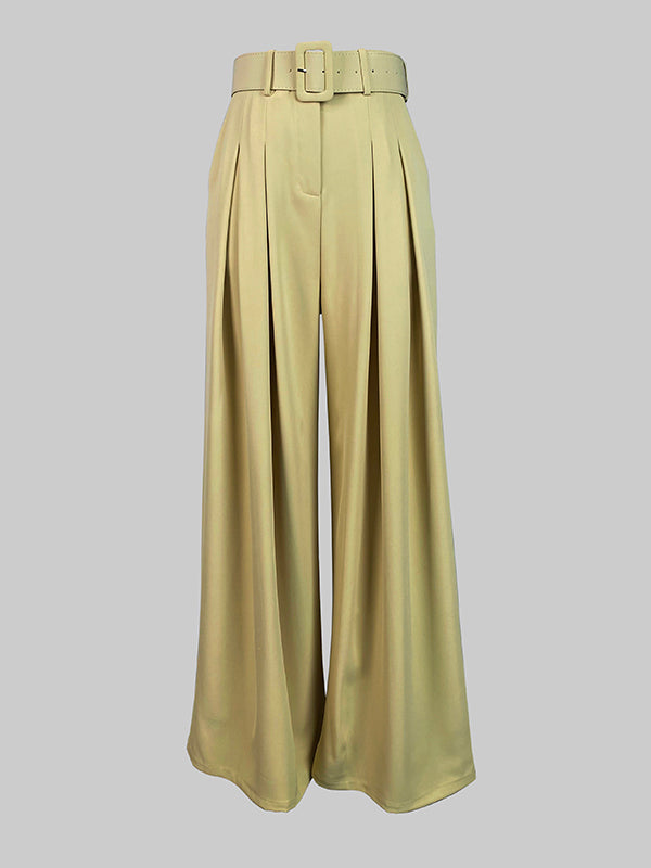 Loose Wide Leg Belted Pleated Solid Color Casual Pants Bottoms