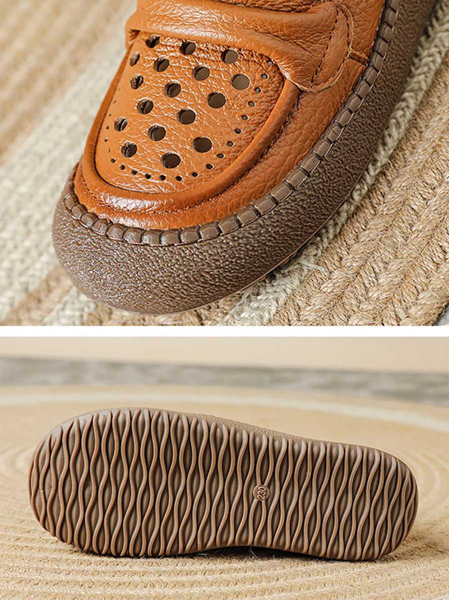 Women Summer Leather Hollow Out Flat Shoes