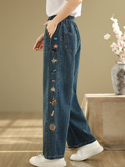 Women Retro Embroidery Denim Wide-leg Pants