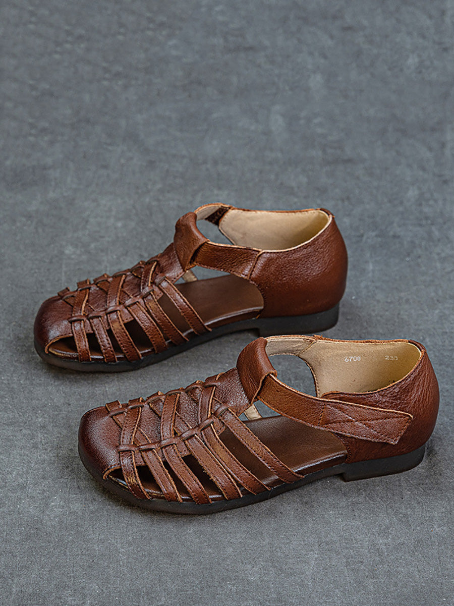 Women Vintage Summer Leather Cross Weave Sandals