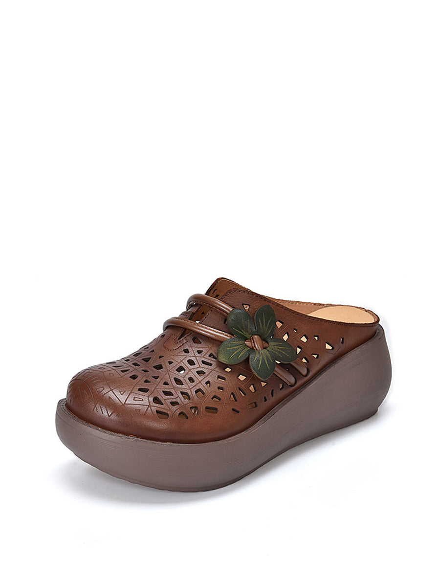Women Ethnic Leather Flower Hollow Out Platform Slippers