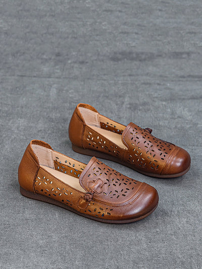 Women Vintage Genuine Leather Hollow Out Flat Shoes