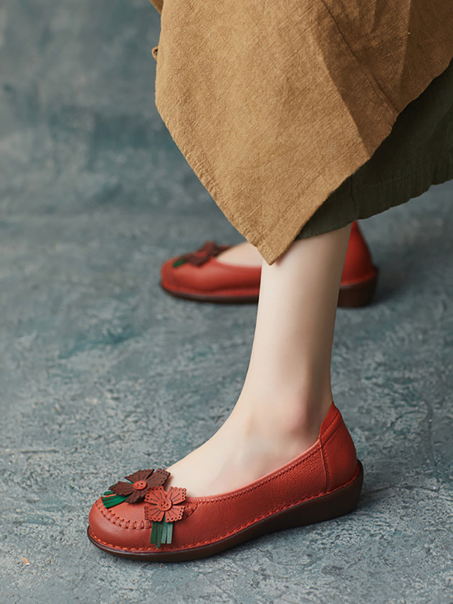 Women Spring Leather Flower Spliced Low Heel Shoes