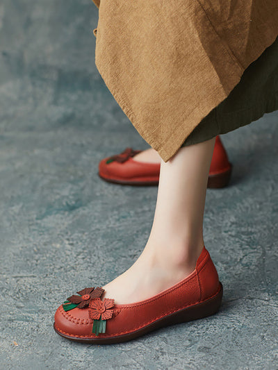 Women Spring Leather Flower Spliced Low Heel Shoes