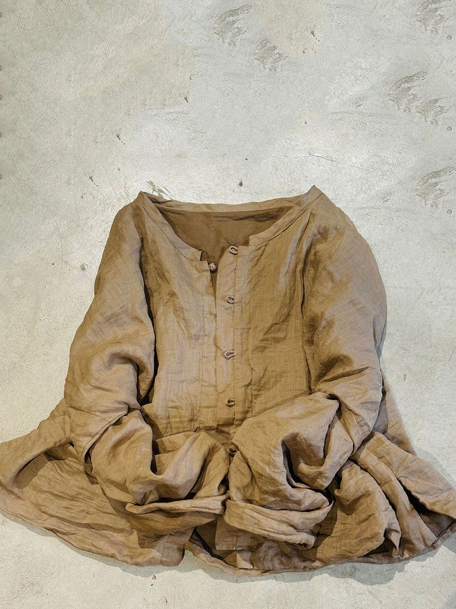 Women Vintage Solid Stand Collar Button Ramie Shirt